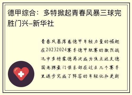 德甲综合：多特掀起青春风暴三球完胜门兴-新华社